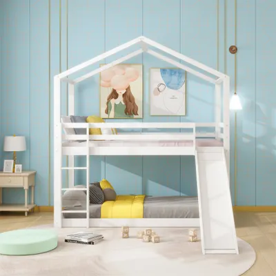 Produktbild von Kinderbett Hausbett, Niedriges Etagenbett mit Rutsche, Massivholz -Etagenbettrahmen mit Lattenrost 90 x 200 cm, wei?