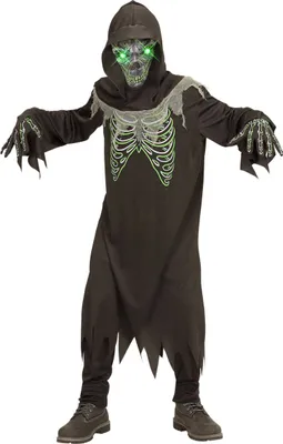 Produktbild von Gruseliges Sensenmann-Kostüm für Kinder mit Leuchtmaske schwarz-grün 14-16 Jahre (164 cm)