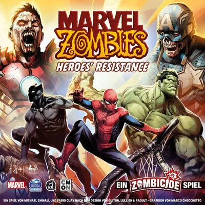The image is the cover art for a board game, featuring several Marvel characters depicted as zombies.