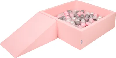 Produktbild von KiddyMoon spielplatz aus schaumstoff mit rund bällebad (100 bälle) ballgruben für babys spielbad hindernisläufen, hergestellt in der eu, pink:perle/grau/transparent/puderrosa