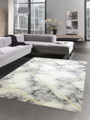 Produktbild von Teppich Marmor Design Wohnzimmer Flur gold grau creme - pflegeleicht Größe - 60x110 cm