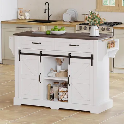 Produktbild von Weiße Kücheninsel 120×45(70)×91 cm mit klappbarer Arbeitsplatte, Küchenwagen auf Rollen, Küchenschrank mit 2 Schiebetüren und 2 Schubladen im Scheunenstil