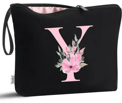 Image de Pochette de toilette en toile de coton noir, avec impression personnalisée de l'initiale