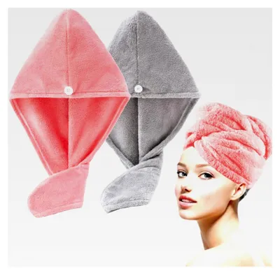 Produktbild von 2er-Set Haarturban Kopfhandtuch aus Mikrofaser, extra saugfähig, schnelltrocknend, flauschig, mit Knopfverschluss, Rosa Grau
