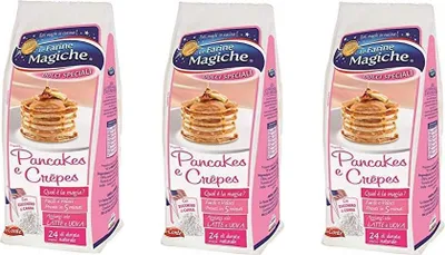Three bags of pancake and crepe mix.