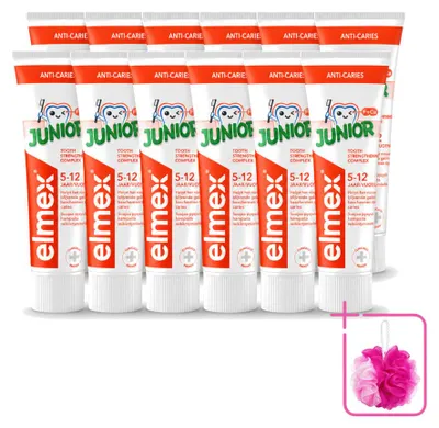 Image de 12 tubes de dentifrice Elmex Junior - pour enfants de 5 à 12 ans - 75 ml - Pack économique - 12 pièces