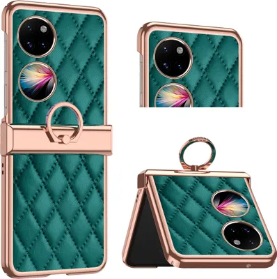 Produktbild von Luxus Leder Muster Galvanik Handyhülle für Huawei P50 Pocket mit Ringhalterung und Scharnierschutz Grün