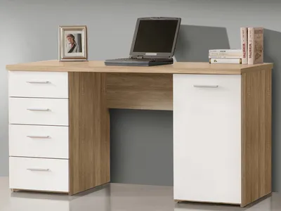 A desk with a laptop, a framed picture, and books on a plain background.