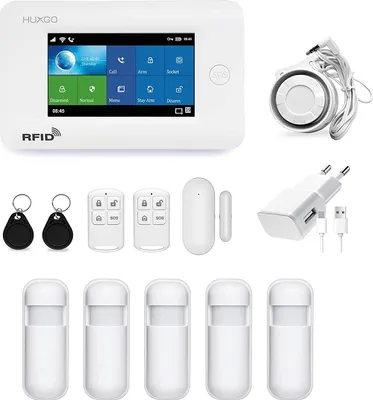 Produktbild von HUXGO HXA006 Funk Alarmanlage WLAN + GSM 4G LTE mit 5 Bewegungssensoren Haus Büro Wohnung Garage TUYA Smart Anwendung SMS-Benachrichtigungen Steuerung vom Telefon Sprache DEUTSCH