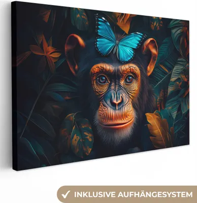 Obrázek produktu pro Obrazy na plátně 90x60 cm - Zvířata, Květiny - Šimpanz - Motýl, Obrazy Obývací pokoj Moderní, Nástěnná dekorace