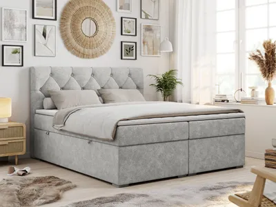 Produktbild von Boxspringbett 180x200 mit Bettkasten, Boxspringbett 180x200 mit Matratze, Doppelbett mit Matratze und Topper - Polsterbett mit Kopfteil - Stauraumbett - ALDA - 180x200 - Hellgrau - Struktur - H3