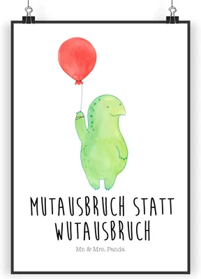 Produktbild von Mr. & Mrs. Panda Bild Schildkröte Luftballon DIN A3 - Weiß - Geschenk, Wandbild, Plakat, mutig, Schildkröten, Designposter, wanddeko, Deko, Motivationsspruch