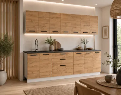 Produktbild von ULWEHOME | Küchenzeile 260 cm Eiche Wotan, Küchenmöbel-Set mit Hängeschränken, Spülenschrank, 3-Schubladen-Unterschrank & Arbeitsplatten 80/60/40 cm