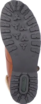 The sole of a brown boot is shown against a white background.
