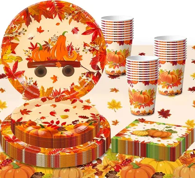 Image de Vaisselle de fête sur le thème de l'automne, 65 pièces, comprenant des assiettes de 18 et 23 cm, des serviettes et des gobelets, idéale pour Thanksgiving