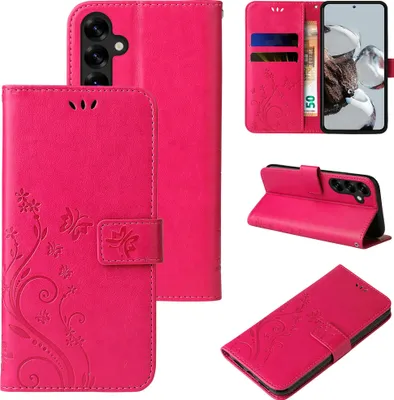 Produktbild von Handyhülle für Samsung Galaxy S25 Floral Blumen Schmetterling Flip Cover Hülle Case Klapphülle Handytasche Farbe: Pink