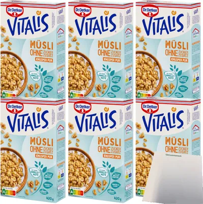 Produktbild von Dr. Oetker Vitalis Knusper-Müsli ohne Zuckerzusatz 6er Pack (6x420g Packung) + usy Block