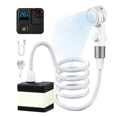 Produktbild von Tragbare Campingdusche,[7500mAh], LED-Anzeige, Wasserdurchfluss 15L/h, Camping Dusche mit Drei Wasserauslassmodi,Gartendusche mit 2 m Schlauch,Weiß