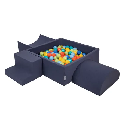 Image de KiddyMoon Aire de jeux en mousse souple pour enfants avec aire de jeux à balles carrées (200 ∅ 7 cm) avec obstacles souples et piscine à balles,  fabriqué en UE, Bleu foncé:Vert clair/Orange/Tyrkys/M