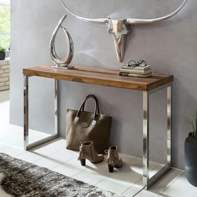 Produktbild von FineBuy Konsolentisch Massivholz Konsole mit Metallbeinen Schreibtisch 120 x 45 cm Landhaus-Stil Sideboard Modern Massiv dunkel-braun Echt-holz Natur