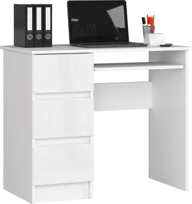 Produktbild von Computerschreibtisch – Schreibtisch – Bürotisch – Büroschreibtisch – 90 cm – Weiß / Hochglanz – Funktionaler Computertisch mit 3 Schubladen