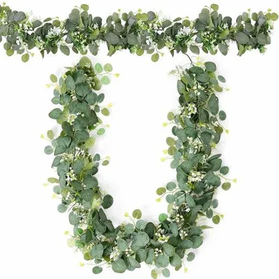 Obrázek produktu pro 2 ks girlandy z umělých eukalyptových listů, 180 cm zelená girlanda s eukalyptovými ornamenty, girlanda z umělých eukalyptových listů, girlanda z eukalyptových rostlin na svatbu, girlanda z umělých eukalyptových listů, svatební girlanda