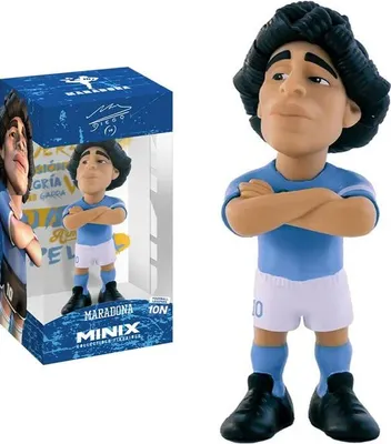 A collectible figurine of Diego Maradona in his Napoli kit, shown both in its packaging and as a standalone figure.