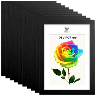 Produktbild von MG Design 10er Set Bilderrahmen Schwarz A4 21x29,7 cm - Echtholzrahmen mit Acrylglas, hoch/quer, zum Aufhängen & Aufstellen