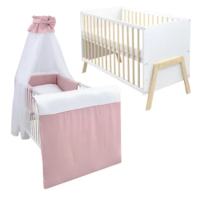 Produktbild von Babybett Kinderbett Gitterbett Juna 60x120 Weiß Schutzgitter Matratze Bettwäsche Set 10tlg Musselin Rosa