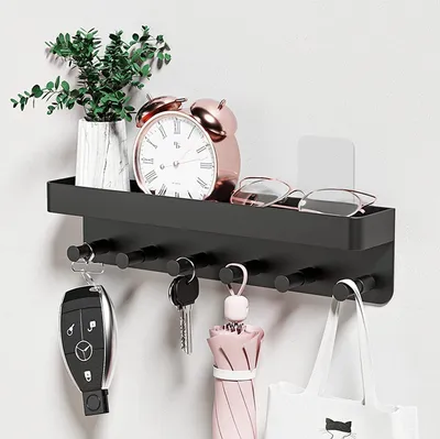 Produktbild von Schlüsselbrett Schlüsselhalter Schlüsselbrett mit Ablage Metall Schlüsselbrett,Wandorganizer mit 6 Haken Selbstklebend SchlüSsel Organizer,Schwarz