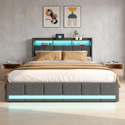 Obrázok produktu pre Postel INONEFT, čalúnená, 140x200 cm, s funkciou USB nabíjania, posteľ pre mládež/dvojlôžková posteľ so 4 zásuvkami, úložná posteľ s roštom a LED osvetlením, materiál: ľan, farba: sivá