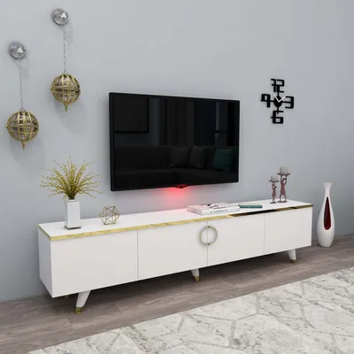 Obrázek produktu pro PULA TV stolek na nožičkách, bílá / zlatá