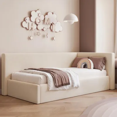 Produktbild von Eckbett Jugendbett Sampre 120x200 cm Cremeweiß Rechts Strukturstoff – Bettkasten, Metalllattenrost