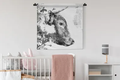 Produktbild von MuchoWow® Wandteppich Wandbehang Scottish Hochlandrind - Zeitung - Schwarz - Weiß 90x90 cm Tapisserie Dekoration Wandtuch - Wandaufhänger