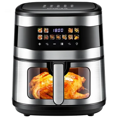 Produktbild von Heißluftfritteuse 10 Liter XXL, 11in1 mit LED-Display, Sichtfenster, fettfreie Zubereitung, inkl. Timer, platzsparend, spülmaschinenfester Korb, 2400W