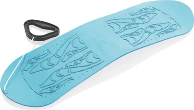 A cyan plastic snowboard with a black handle and white rope, shown from a diagonal angle on a white background.