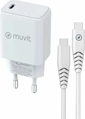 Zdjęcie produktu dla Muvit, zasilacz USB-C 20W 3A z kablem USB-C do USB-C 1,2m, biały