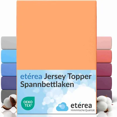 A stack of folded fitted sheets in various colors, with the main product in orange prominently displayed.
