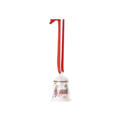 A small decorative bell with a red ribbon for hanging, featuring a painted scene of two children playing a piano.