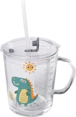 Obrázek produktu pro Intirilife dětský kelímek na pití průhledný s víčkem, stupnicí a brčkem s designem dinosaurů - 400 ml - dětské sklo na pití dětský skleněný kelímek s ouškem s roztomilým motivem, bezpečné pití bez rozlití