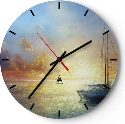 Produktbild von Wanduhr - Rund - Glasuhr - Segelboot Westen die Sonne - 30x30cm - Schleichendes Uhrwerk - Lautlos - zum Aufhängen bereit - Dekoration Modern - Wanddekoration aus Glas - C3AR30x30-4145
