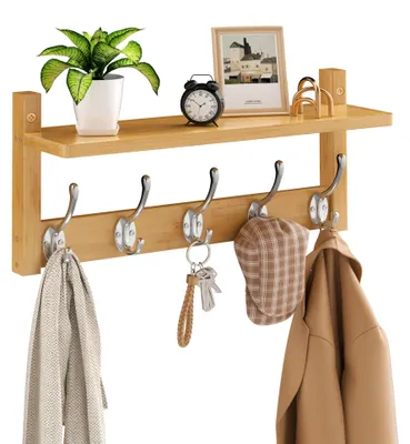 Wandgarderobe mit Ablage, Bambus, 5 Haken, 40x20x10 cm, natur