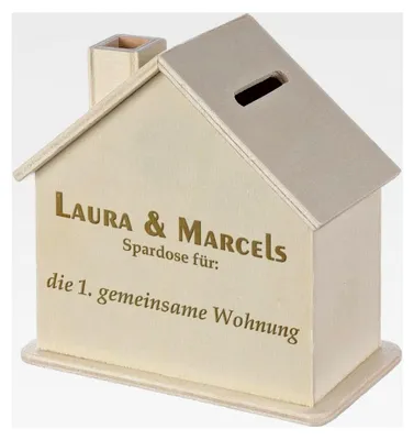 Produktbild von Sparbüchse Haus mit Gravur - Holz-Sparbüchse - Geldgeschenk für Hochzeit, Taufe, Geburt, Geburtstag, Einzug - Personalisierte Sparbüchse - Motiv nach Wahl