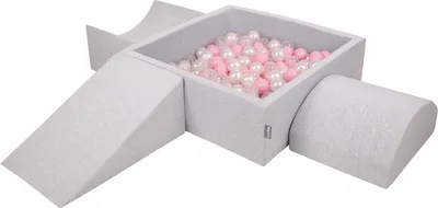 Zdjęcie produktu dla KiddyMoon piankowy plac zabaw ppzp-kw30d-114 z piłeczkami jasnoszary: pudrowy róż-perła-transparent basen 300/klin l/rampa l/półwałek l zabawka plac zabaw