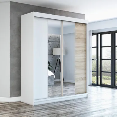 Produktbild von Schwebetürenschrank, 2-türig Schrank ELEGANZA 180 cm (mit Spiegel) Weiß  / weiß / sonoma