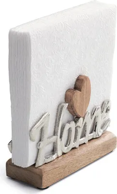 Halter für Papierservietten aus Holz und Metall mit Schriftzug und Herz