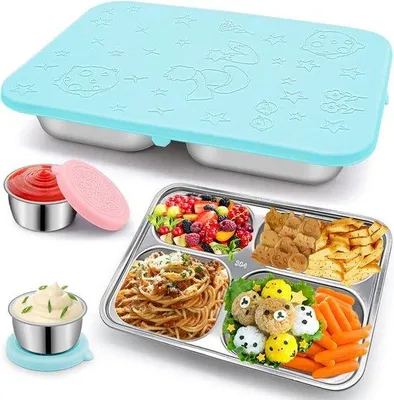 Imagen del producto de Lonchera bento de acero inoxidable Unyqoos® con tapa de silicona, fiambrera a prueba de fugas con compartimentos, recipiente reutilizable para snacks, color azul