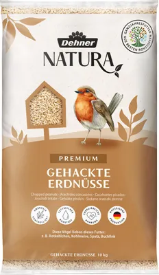 Produktbild von Dehner Natura Premium Wildvogelfutter, gehackte Erdnüsse schalenfrei, Ganzjahresfutter proteinreich / energiereich, hochwertiges Vogelfutter für Wildvögel, 10 kg
