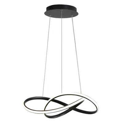 A modern black pendant light with a flowing, intertwined design, suspended from a circular ceiling mount.