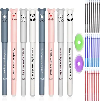 Produktbild von Radierbare Gelstifte – Set mit 8 Stück – 0,35 mm – Kawaii-Tier-Radierstifte mit 24 Stiften + 2 – Für Schule und Zuhause